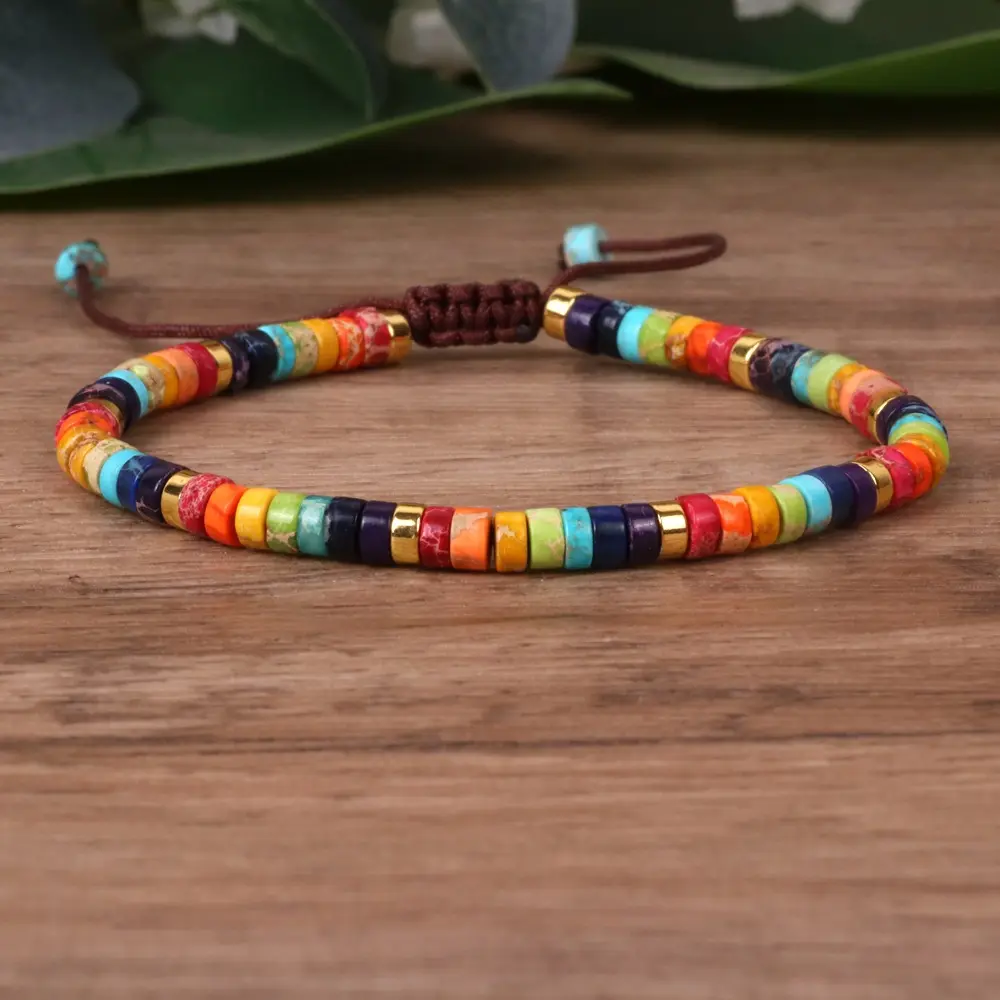 Terbaru Dainty gelang batu permata alami warna-warni sediman laut Jasper kristal penyembuhan pelangi Jasper manik-manik Chakra gelang