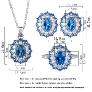 High-Grade Fashion Eco-friendly Copper Oval Cut 6*8mm Blue Zircon Pendant <b>Earrings</b> Flowers Design Necklace Jewelry <b>Set</b> for Women - Product Image 3