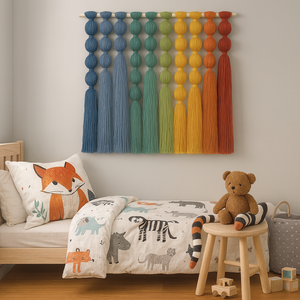 Decorazione da Parete in Macramè Fatto a Mano con Colori Sfumati, <span class=keywords><strong>Arte</strong></span> Murale Boho con Nappine in <span class=keywords><strong>Lana</strong></span> per Arredamento Rustico e Camera da Letto - Product Image 4