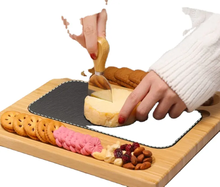 Bamboo Cheese Board Set with Rock Board Ceramic Plate Set With a Disc for Dinner Entertainment