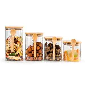 Frasco de vidrio hermético para condimentos, contenedor de almacenamiento de alimentos, con tapa de bambú sellada y cuchara de Bambú