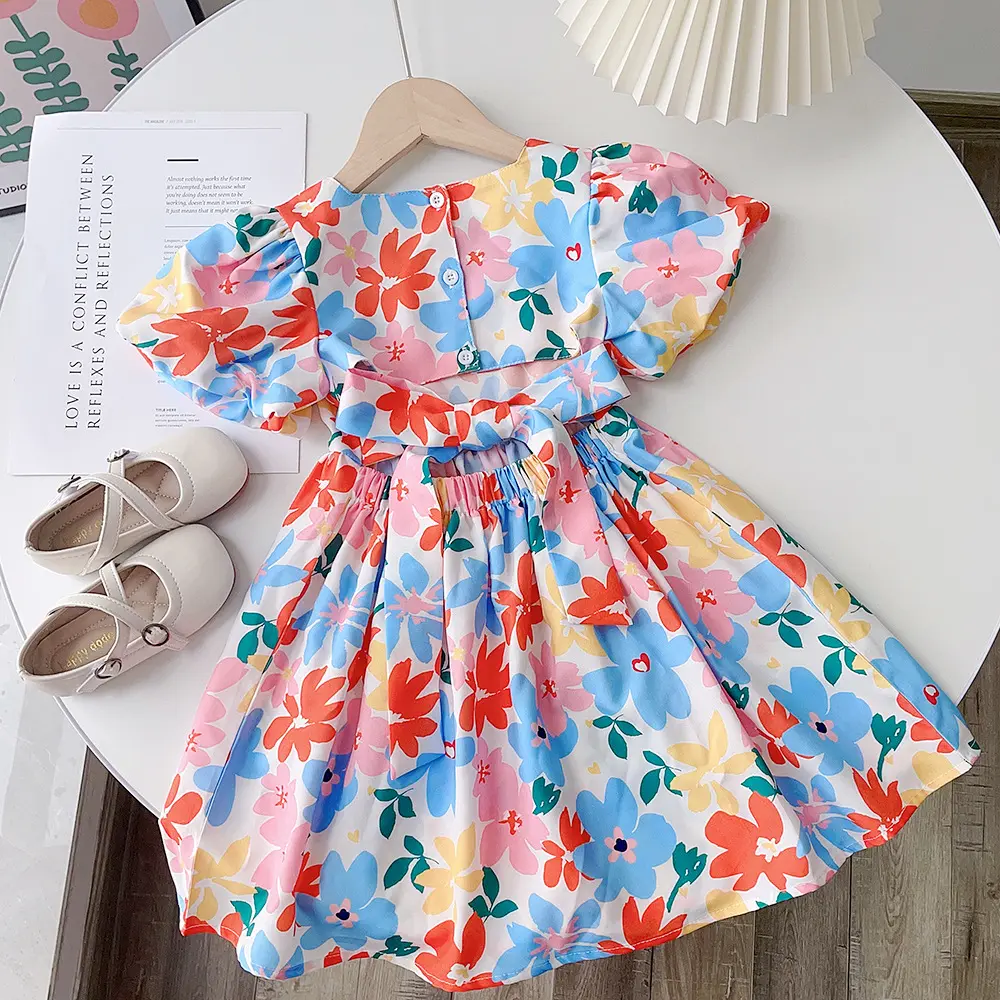 Vestido floral verão menina para crianças verão sopro manga curta vestido