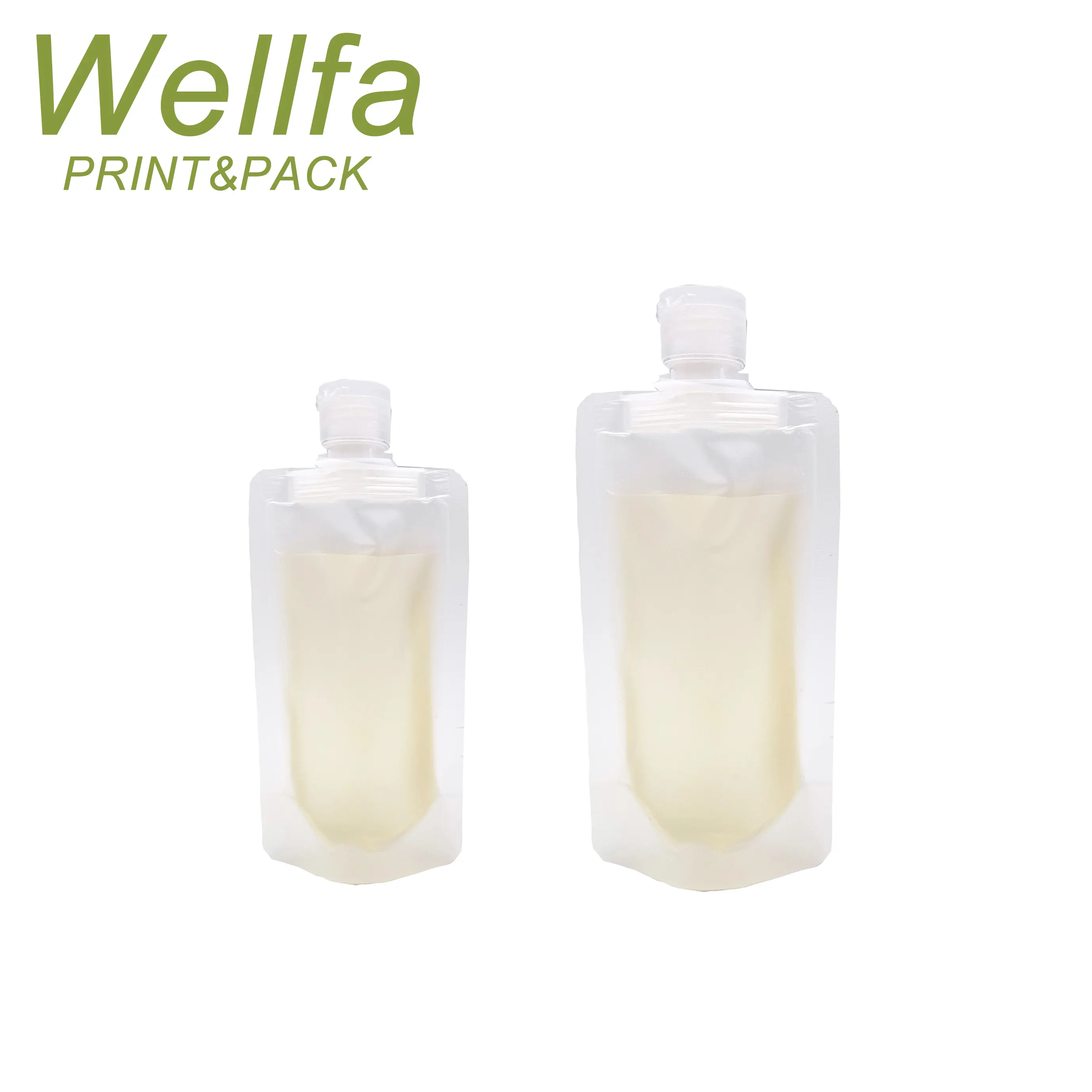 Personalizzato stampato 100ML lozione trasparente Shampoo liquido campione di viaggio sacchetto di imballaggio a conchiglia di plastica ricarica sacchetto beccuccio spremere