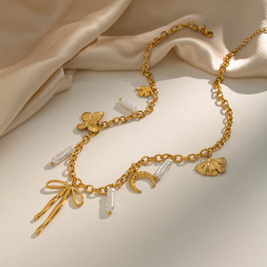 <span class=keywords><strong>Collier</strong></span> avec pendentif nœud en fausses perles pour femme, en acier inoxydable plaqué or 18 carats PVD, style vacances à la plage, été, quotidien, voyage - Product Image 5