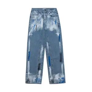 High street art painted straight loose distressed men's jeans wide leg cropped pants