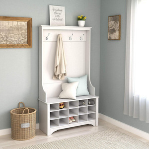 Banc d'entrée blanc en MDF avec 4 crochets métalliques, étagères multi-compartiments pour chaussures, meuble de rangement autoportant pour manteaux et chaussures dans le couloir - Product Image 2