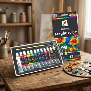 Ensemble de peinture acrylique Colormate Artists, 12 couleurs, 15 ml chacune, avec pinceau pour la peinture sur toile - Product Image 1