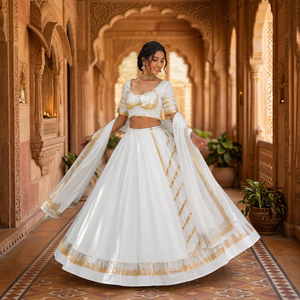 Elegante Lehenga Choli Blanco de Diseñador con Dupatta con Borde Metálico Dorado para Eventos Festivos y Bodas - Product Image 4