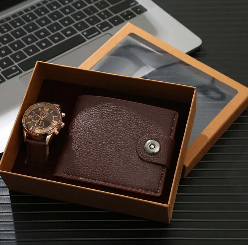 Mode Moderne Geschäfts leute Leder uhr Brieftasche Herren uhr Geschenkset Leder Quarz Armbanduhr