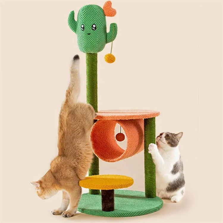 2 in1耐久性のあるサボテンの木のペットの猫がハンモックタワーセットでポストクライミングツリーを引っかきますおもちゃで緑の葉を設定します