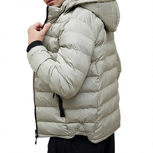 Blouson matelassé moto décontracté coupe ajustée pour homme, gris clair, col rabattable, fermeture éclair, coupe-vent, toile, rembourrage polyester, automne - Product Image 2