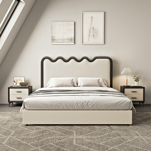 <span class=keywords><strong>Ten</strong></span> Tiger Modern 1.8 Lit Double Soft French Cream Leather Cadre en bois Internet Red Wind Ripple Up-Holstered Bed for Master - Product Image 2