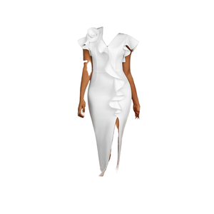 Vestidos de cóctel de verano para mujer de Luxe Enterprises, con cuello en V, manga corta, color rosa intenso, corte ajustado, maxi, con volantes. - Product Image 1
