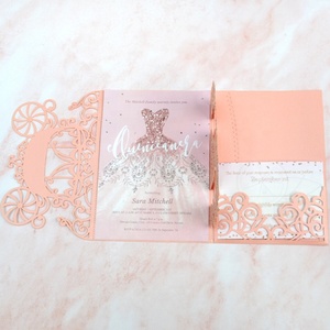 Invitaciones Desplegables con Corte Láser para Quinceañera, Bolsillo Plegable y Carruaje de <span class=keywords><strong>Cenicienta</strong></span> 3D - Product Image 5