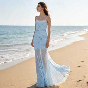 Vestido largo de verano estilo INS con encaje y patchwork, vestido de malla con estampado floral ombré, estilo sirena, elegante para mujer. - Product Image 4