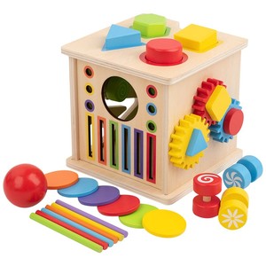 Cube d'activités éducatives Montessori en bois écologique en gros, jouet labyrinthe de perles colorées, jeu de tri de formes en bois - Product Image 1
