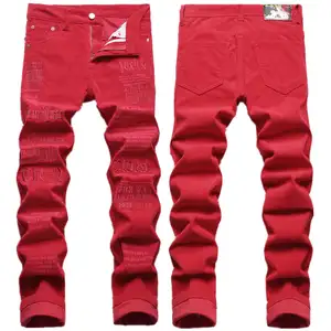 กางเกงยีนส์สีแดงสำหรับผู้ชายกางเกงยีนส์แฟชั่นสำหรับผู้ชายดีไซน์ใหม่ออกแบบได้เอง