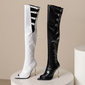 Big Sizes 46 Summer Peep Toe Sandals Women High Heels Side Metal Buckles Long <b>Boots</b> Patent Cut Out Shoes Over-the-knee Booties - Product Image 4