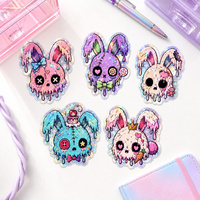 Autocollants découpés sur mesure Pastel Goth Bunny holographiques, imperméables, mignons et effrayants, avec impression de logo personnalisé pour ordinateur portable