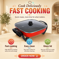 Casserole électrique 1201 1500W avec couvercle en verre trempé, corps en alliage d'aluminium, commande par bouton, normes US EU UK, 110V 220V