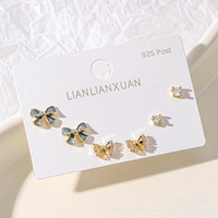 2024 vente en gros en promotion femmes plaqué or cuivre papillon fleur bowknot boucles d'oreilles 925 argent post boucles d'oreilles 3 paires