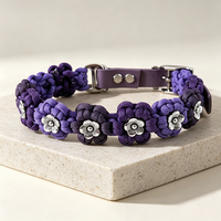 Collier pour chien réglable en paracorde tressé, violet foncé avec fleur métallique, fait main, collier de promenade, colliers pour animaux de compagnie en paracorde à fleurs