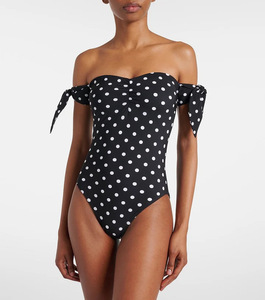 Ensemble de maillot de bain 2 pièces pour femme, motif pois, épaules dénudées, avec jupe longue froncée à fente latérale - Product Image 4