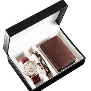 Business Men Wristwatch 3Pcs Gift Box <b>Set</b> Casual Quartz <b>Watch</b> with Cowhide Bracelet Nylon Replacement Strap - Product Image 2