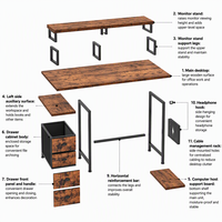 Bureau d'ordinateur 47 pouces avec support pour écran, tiroirs en tissu et prises électriques, bureau de jeu pour la maison ou le bureau, pour chambre à coucher, brun rustique