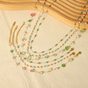 Layered Natural Stone Necklace Set 18K <b>Gold</b> Plated Stainless Steel Women's Fashion Jewelry Geometry Pattern Multi Strand - Product Image 1