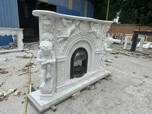 Cheminée classique en marbre blanc sculpté à la main avec manteau de cheminée, ange chérubin, cadre européen en fonte pour décoration de villa de luxe et hôtel - Product Image 3