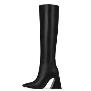 Botas de tacón grueso de diseño único para mujer, negras, hasta la rodilla, con punta, estilo espejo, calzado de moda, ajustado, para montar a caballo - Product Image 2