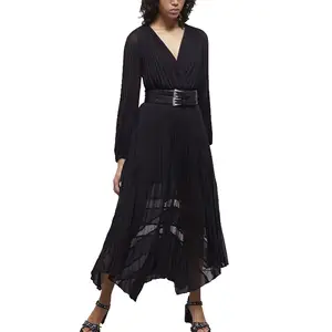 bulk wholesale Crossed V-neck long sleeve elastic waist pleated dress solid color Asymmetric flared skirt dress with lace detail