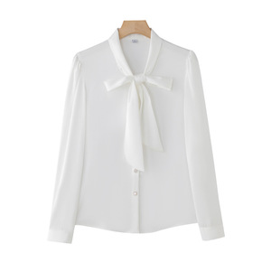 Women's Satin Long Sleeve Blouse With Bow <b>Tie</b> Office Wear Solid Color <b>Polyester</b> Fabric - Product Image 5