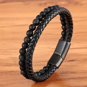 Hoge Kwaliteit Natuurlijke Edelsteen Lavasteen Matte Wrap Armbanden Echt Lederen Rvs Gesp Lederen Armband