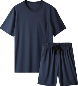<strong>Mens</strong> 100% Cotton <strong>Pyjamas</strong> <strong>Set</strong> Home Wear Casual Fashion Summer Sleepwear with Pockets Breathable Knitted Fabric - Product Image 3