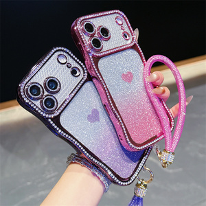Coque de téléphone en forme de cœur avec cadre ondulé à paillettes dégradées et strass pour <span class=keywords><strong>Samsung</strong></span> S26 Ultra S25 S24 Plus, avec support et sangle, étui brillant - Product Image 1