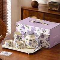 Coffret cadeau de service à thé en porcelaine florale de luxe avec fleur d'iris avec bouilloire froide d'une capacité de 150ml pour mariage et usage domestique
