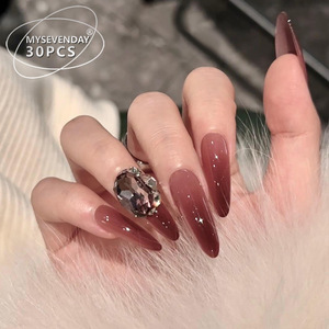 Pegatinas de uñas con purpurina de ojo de gato rojo oscuro de gama alta usable Xiaohongshu uñas postizas desmontables de gran venta - Product Image 1