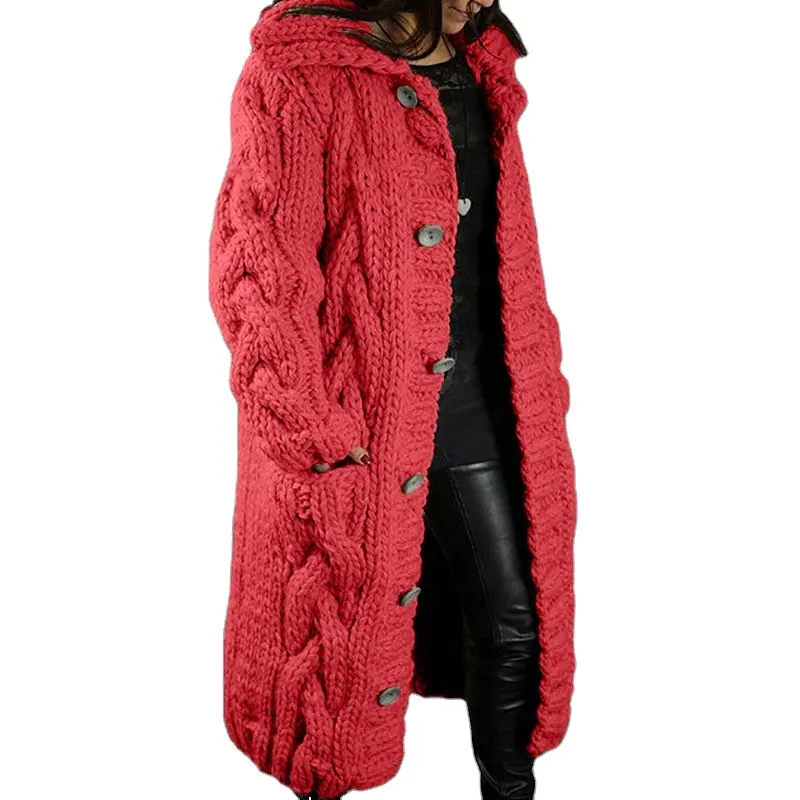 Women Casual Long Sleeve Open Cardigan Warm Hooded Outwear Coat Cable Knit Long Cardigan Sweaters with Pockets Standard Winter