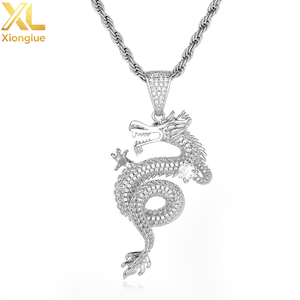 Bling Mythic <b>Iced</b> <b>Out</b> Silver Tone Micro Pave Cubic Zirconia Green Accent Chinese Dragon Pendant Necklace - Product Image 2