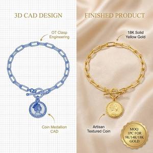 Exquisita Pulsera de Eslabones Tipo Clip con Moneda de Retrato en Oro Sólido de 9K/14K/18K, Cadena Elegante con Medallón para Joyería de Lujo Diaria - Product Image 1