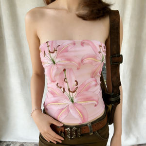 Wholesale Women Summer Romantic Floral Print <b>Pink</b> Tube Top Backless <b>Sexy</b> Crop Top Vacation Style Strapless Camisole - Product Image 1