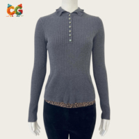 Haut en maille côtelée à col polo et boutons perlés pour femme, coupe ajustée, manches longues, pull de base, automne-hiver, chemisier pour femme, OEM ODM