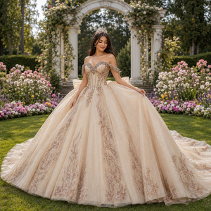 ชุดราตรีงาน Quinceanera สีแชมเปญโกลด์ รุ่น Dy1555 ผ้าชีฟองประดับคริสตัล คอรูปหัวใจ ชายกระโปรงยาวแบบ Watteau ผ้าฝ้ายแท้ 100% - Product Image 1