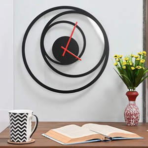 Moderno remolino negro círculo abstracto diseño minimalista manecillas Rojas silencioso, disponible a precios al por mayor reloj de pared de metal. - Product Image 1