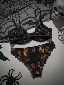 Sexy, dünnes <span class=keywords><strong>2</strong></span>-teiliges Halloween-Dessous-Set mit Kürbis-Print, Spitze, Stickerei und Cut-Out-Design für Damen – Cosplay-Outfit - Product Image 3