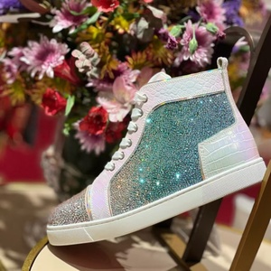 Luxury Custom Gradient High <b>Top</b> Sneakers, Iridescent <b>Rhinestone</b> Lace-up Walking Shoes, Designer Splicing Flat High Cut Footwear - Product Image 1
