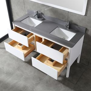 Minimalist White Freestanding Double Sink Vanity Dark Stone Countertop Cabinet with Matching White <b>Mirror</b> for Large Bathroom - Product Image 5