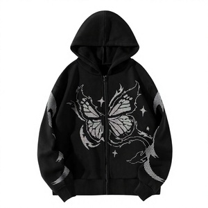 Black <b>Gothic</b> Zip-Up <b>Hoodie</b> With Glitter Butterfly Print Oversized Unisex Knitted Sweatshirt Autumn Streetwear - Product Image 1